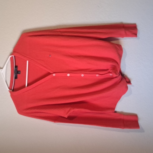 Tommy Hilfiger waffle knit tie-hem buttoned cardigan sweater top - Picture 1 of 11